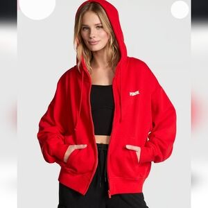 PINK VS Ivy Fleeze Campus  Full-Zip Hoodie. Bright Vermillion. Size S